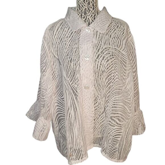 Sheer White Button-Down Blouse With Textured Abstract Pattern 3/4 Ruffled Sleeve - Picture 1 of 7